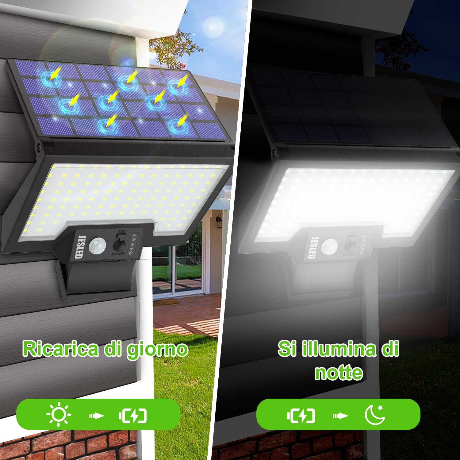 JESLED Luce Solare LED Esterno, 108LED Faretto con Sensore di Movimento, 2600mAh Lampada Girevole, 4 Modalità Luci Ricaricabile per Giardino