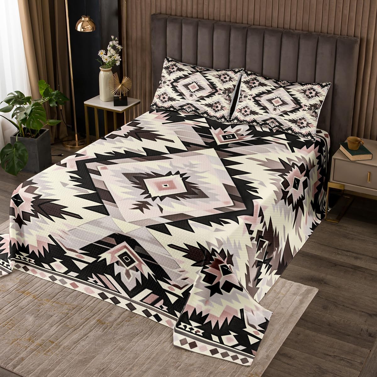 jejeloiu Southwestern Aztec Bedspread Queen Size Kids Retro Bohemian Coverlet Set for Boys Girls Teens Adults, Boho Tribal Quilted Coverlet Breathable Soft Lightweight Room Decor 3Pcs Black Gray