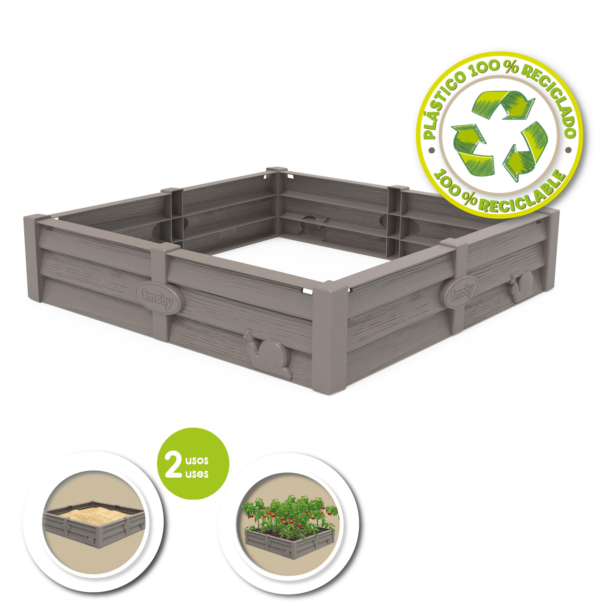 Smoby - 2-in-1 Square Garden - Sandkasten oder Gemüsebeet - Zubehör für Spielhaus - 76x76 cm - Mit Bodenplane - recycelter Kunststoff