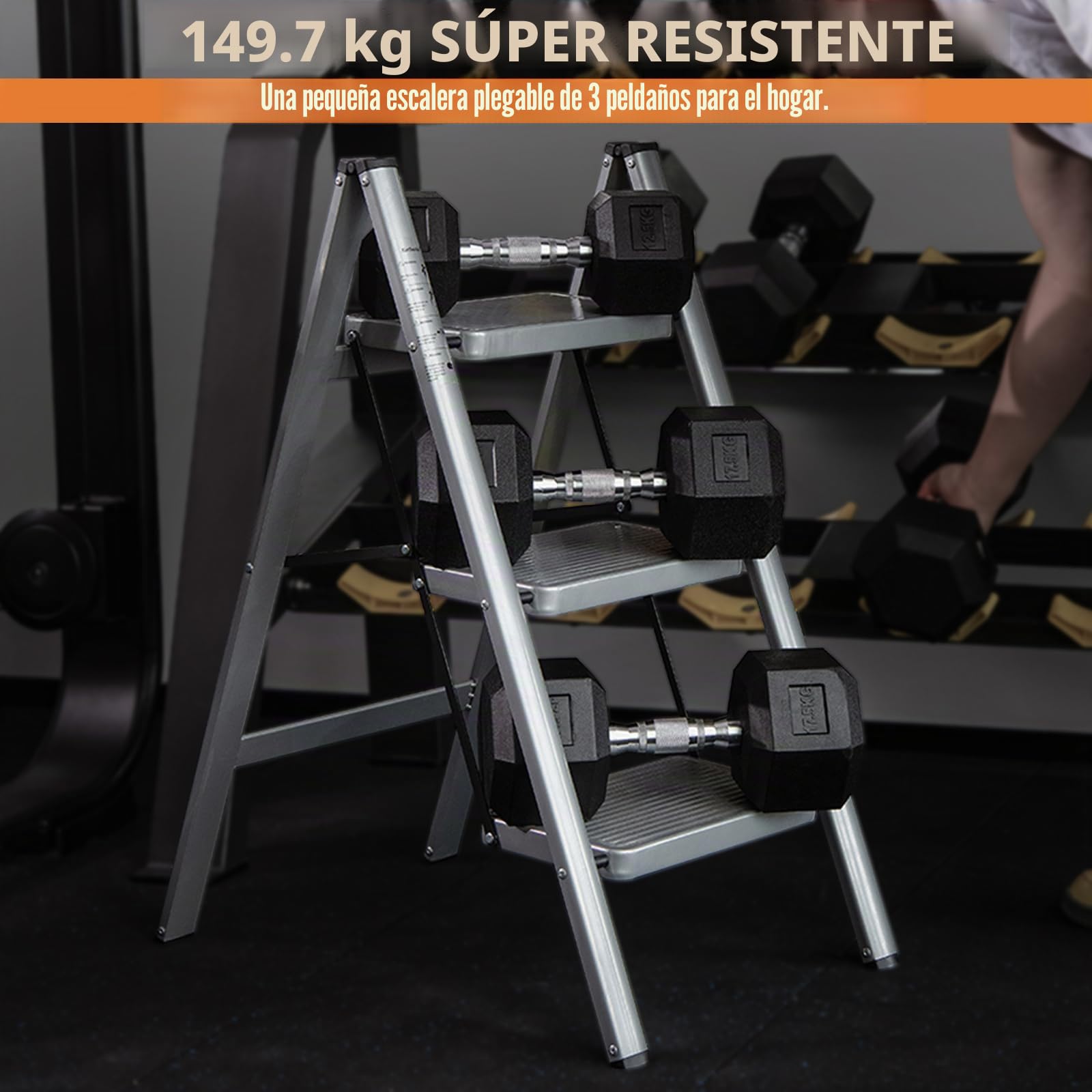 XinSunho Escalera Plegable de 3 Peldaños, Escalera de Tijera con Amplios Peldaños Antideslizantes, 3 Peldaños, soporta hasta 150 kg, Escalera portátil para el hogar, Gris