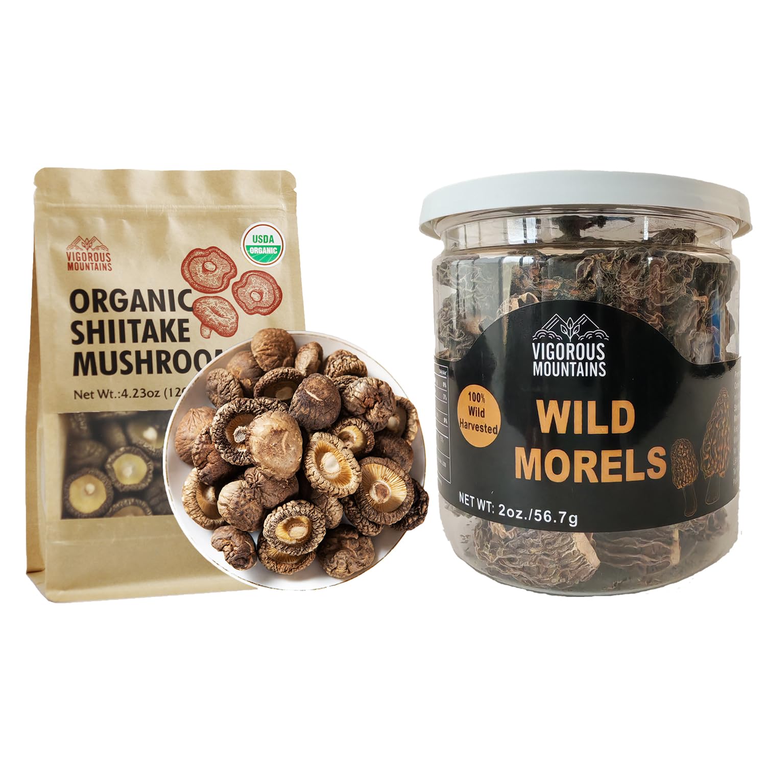 VIGOROUS MOUNTAINS USDA Organic Dried Shiitake Mushrooms and Dried Wild Morel Mushrooms 2oz, 56.7g