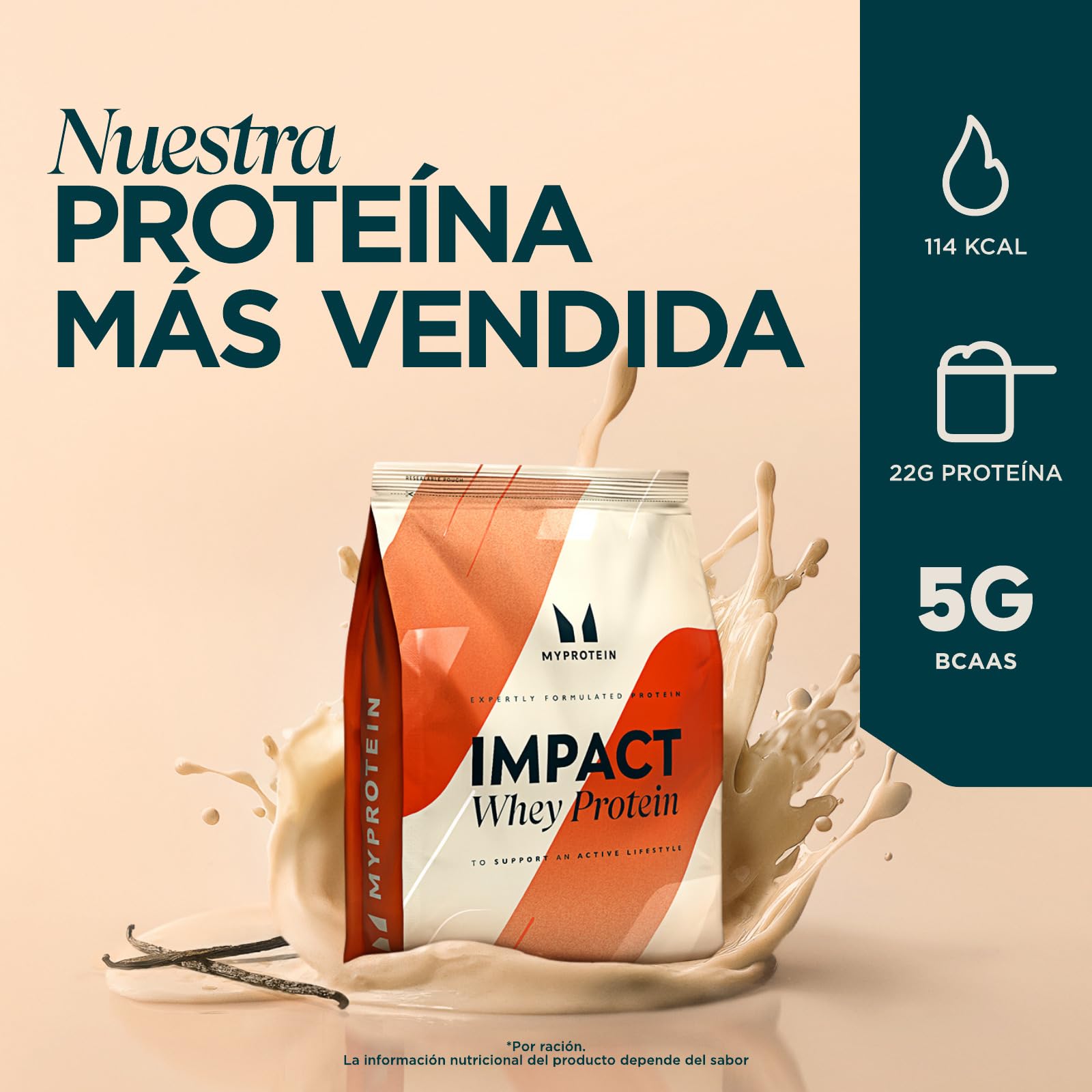 Myprotein Impact Proteína de suero en polvo | 23 gramos de proteína por porción | Vainilla 1 Kilogramo | Bajo en azúcar, bajo en grasas | Crecimiento y la recuperación muscular - 2