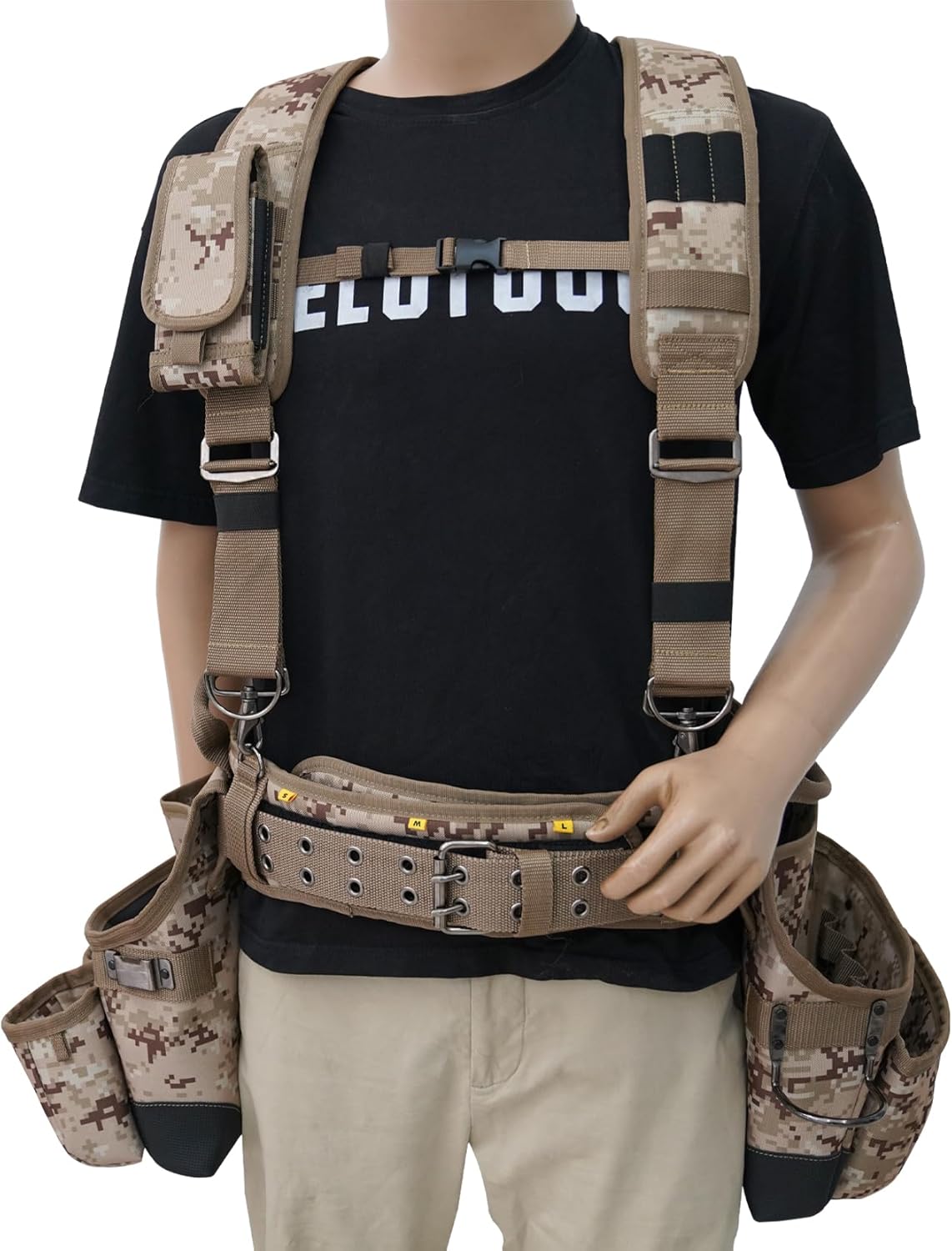 MELOTOUGH Camo Tool Belt with Suspenders Camouflage Tool Pouch Supenders Framers Combo Apron Tool Belt Construction Tool Bag Suspenders Heavy Duty Carpenter Suspension Rig for Electrician(Kahki Camo) - Image 9