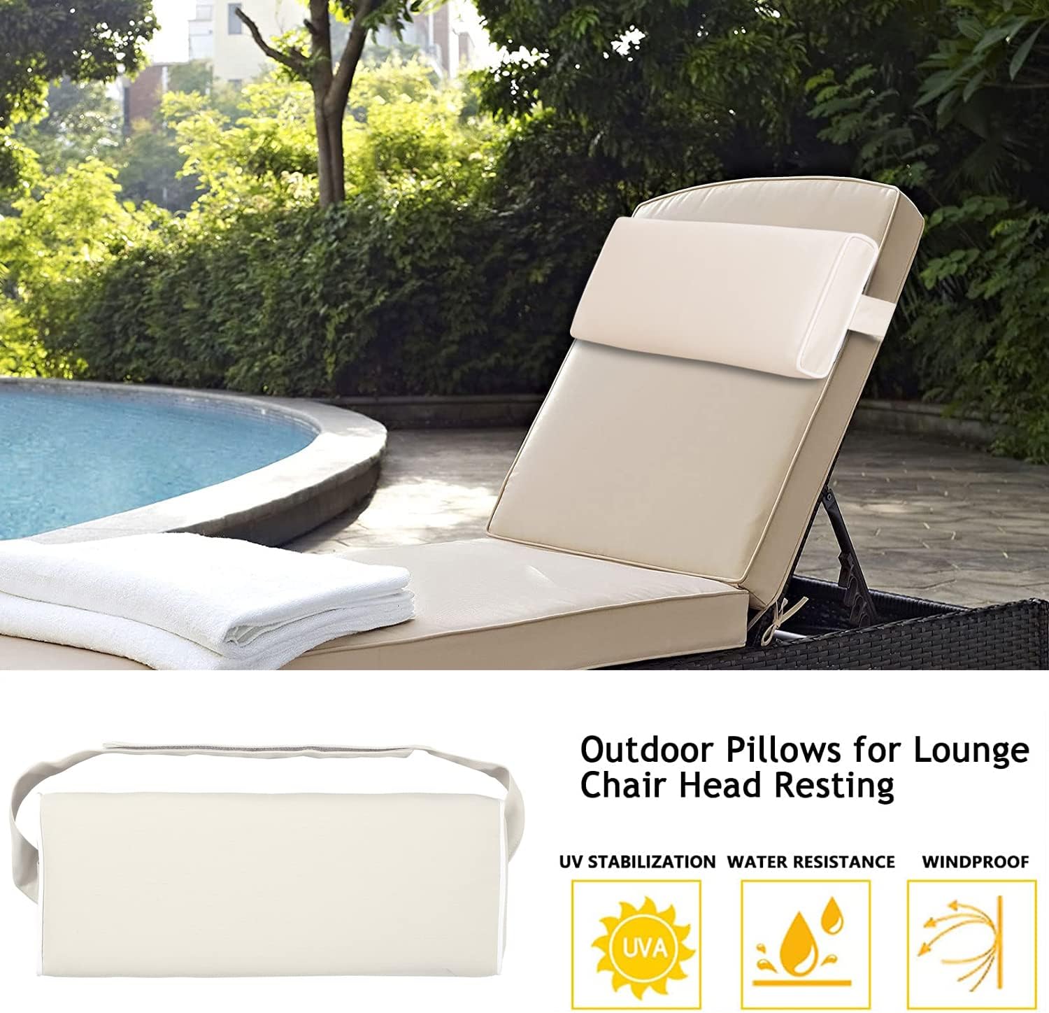 Enipate Outdoor Chaise Lounge Head Pillow, Pack of 2 Water Resistant Headrest Pillows with Elastic Band for Pool Patio Chairs
