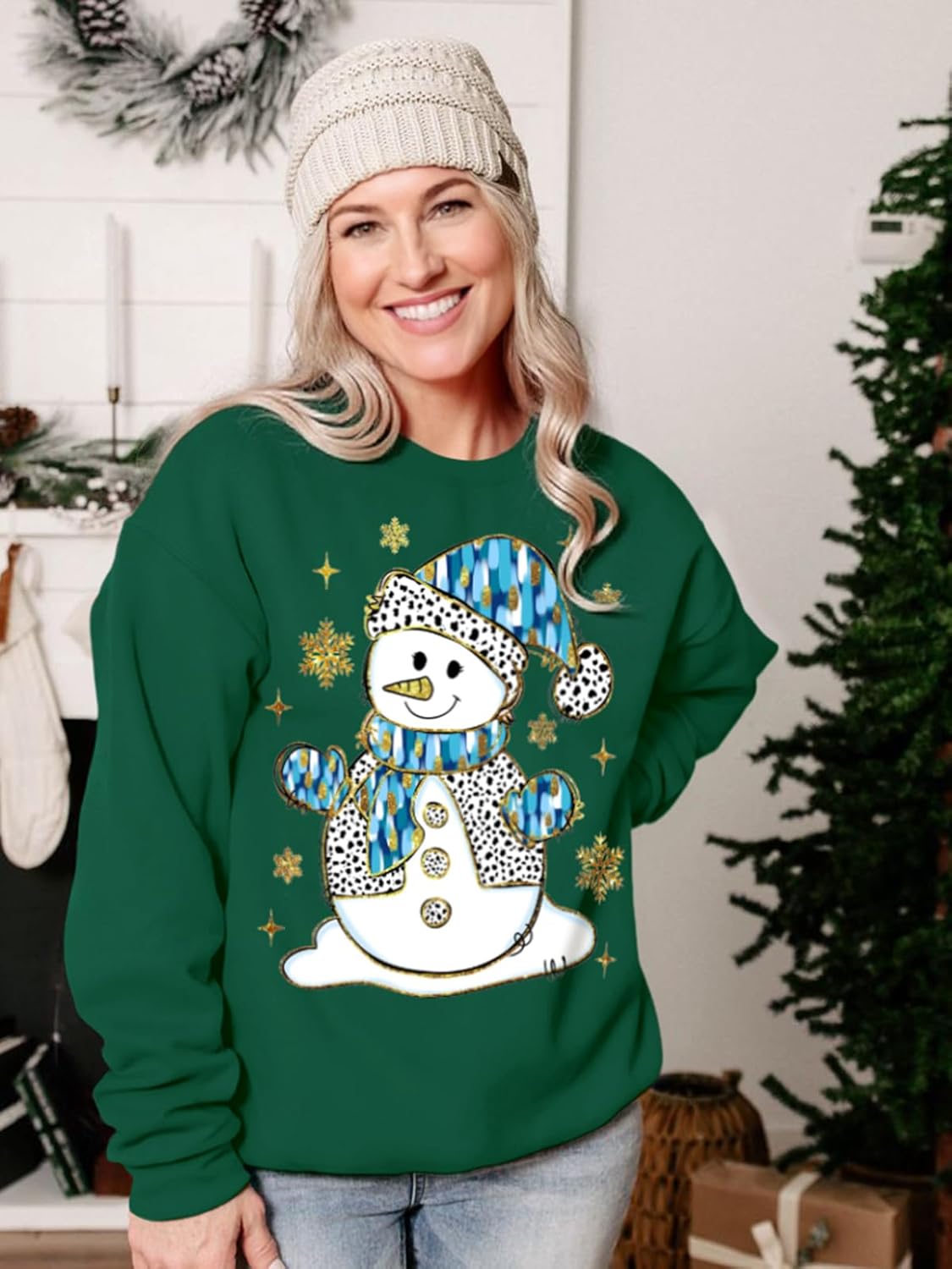 Christmas Sweatshirts for Women Xmas Holiday Long Sleeve Tops Funny Crewneck Snowman Graphic Pullover - Image 4