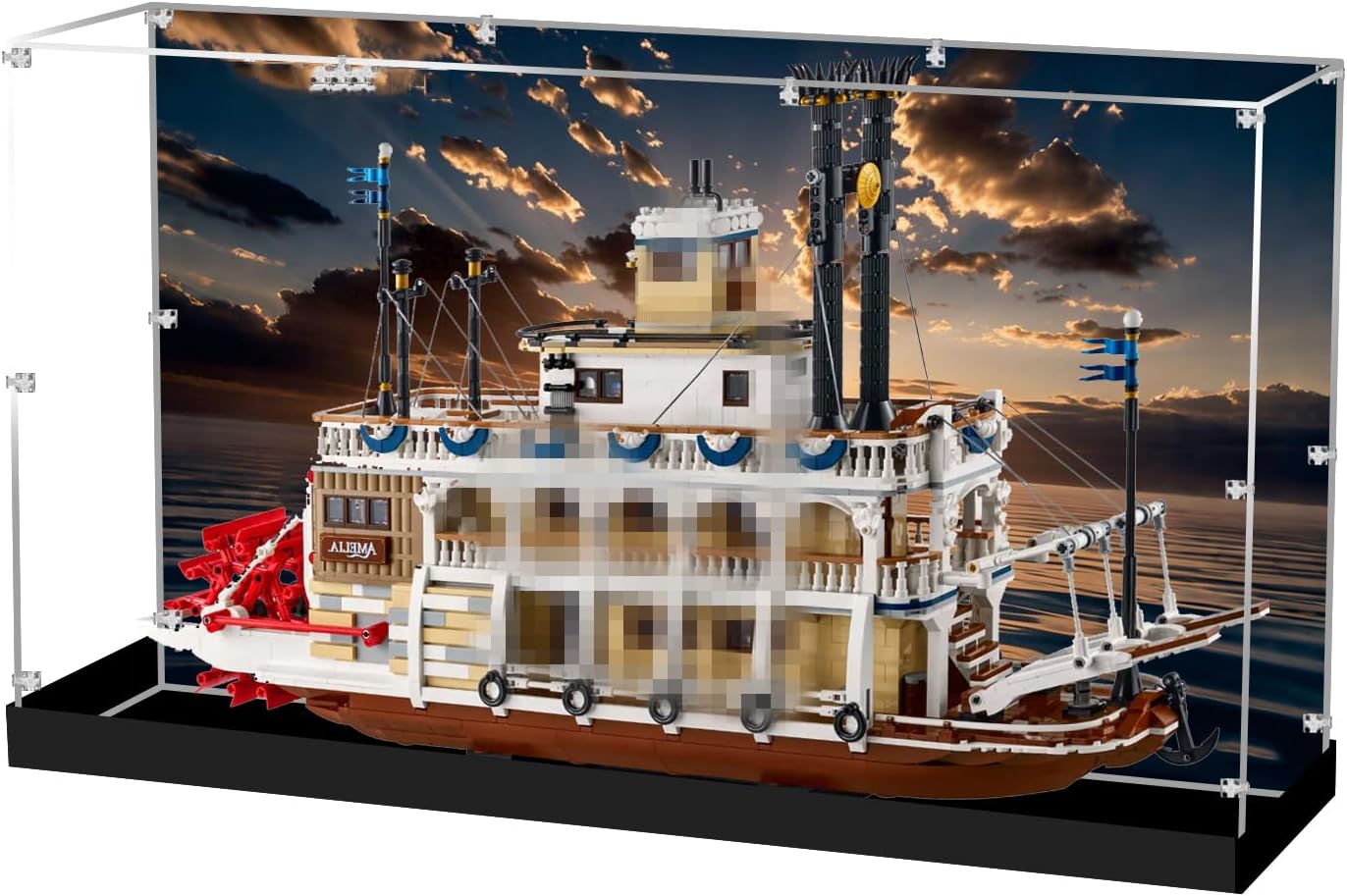 Acrylic Display Case Compatible with Lego 21356 River Steamboat Dustproof Clear Display Box with Background(NOT Included The Model)