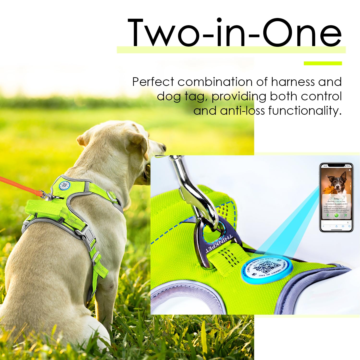 ThinkPet Arnés deportivo transpirable con código QR, arnés reflectante con asa ajustable para perros medianos y grandes, clip trasero y frontal para un fácil control, talla XL, color verde