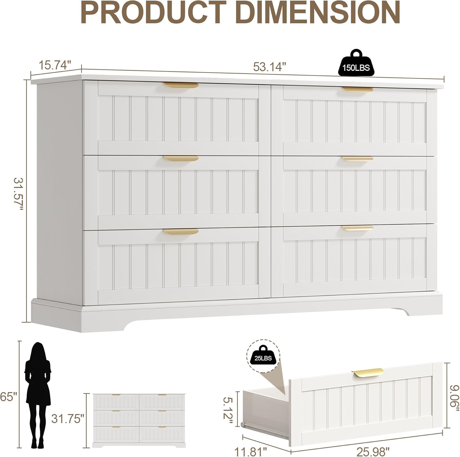 6 Drawer Dresser for Bedroom, 53" Wide Modern Chest of Drawers with Metal Handles, Wood Storage Double Dresser TV Stand Storage for Living Room, Hallway, Entryway，White