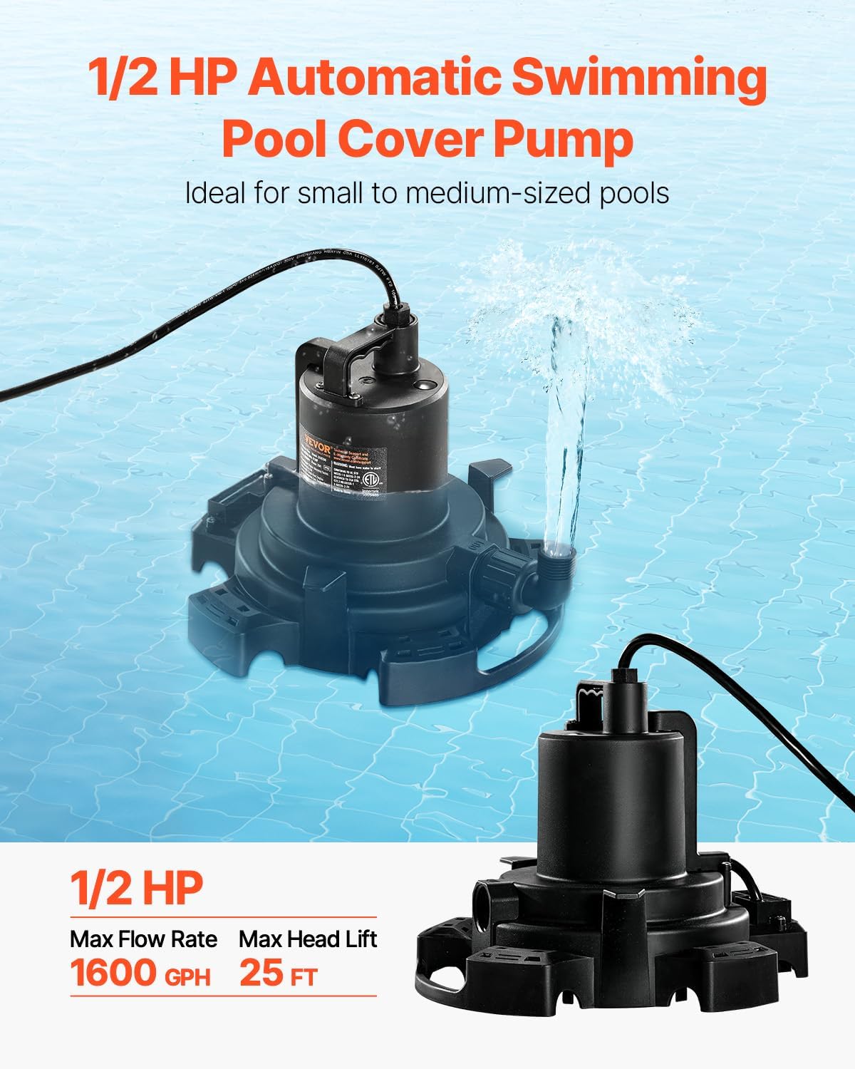 VEVOR Automatic Pool Cover Pump, 1/2 HP 1600 GPH, 120V Submersible Swimming Pool Cover Pump with 25 ft Power Cord, 25 ft Max Head Lift, Water Removal and Transfer Pump, for Pool Draining Hot Tubs image 3