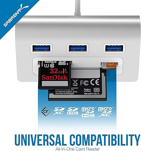 Miniatura 4 de SABRENT Hub USB 3.0 de aluminio de 3 puertos premium con lector de tarjetas multi en 1 (cable de 12 pulgadas) para iMac, todos los MacBooks, Mac