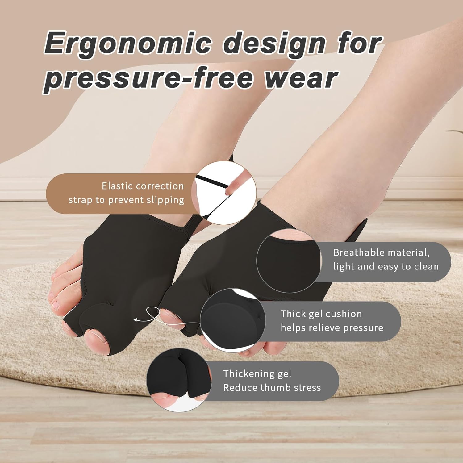 2Pcs Bunion Corrector/Splint/Brace for Women & Men, Big Toe Straightener/Separators for Hallux Valgus Pain Relief & Correct Toe Alignment, Soft & Breathable for Day/Night, Free Size, Include a Massage Ball, Black - Image 4