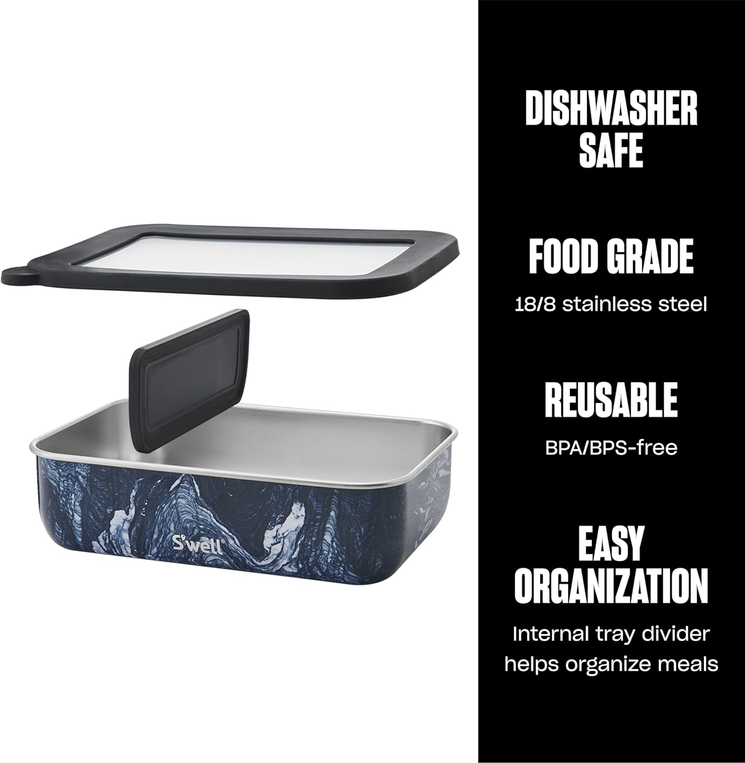 S'well Stainless Steel Bento Box, Azurite Marble, Fits One Large Entree Or Small Entree And Snack, Includes Removable Divider, Leakproof, Easy to Clean, Dishwasher Safe