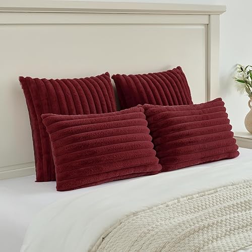Miniatura 5 de FUTEI - Juego de 2 fundas de almohada decorativas con rayas de color burdeos o rojo vino, 24 x 24 pulgadas, cuadradas, piel sintética de conejo