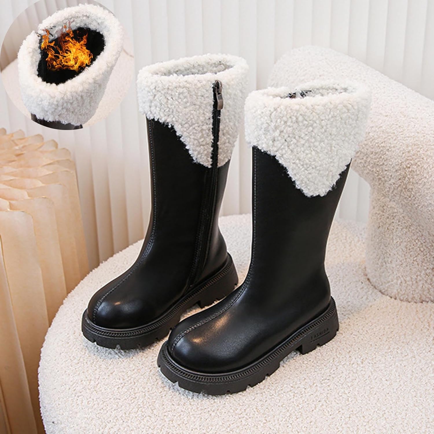 Girls Mid Calf Boots Black Leather Snow Bootie with Side Zipper Soft Faux Fur Lining Winter Boots for Little Kid Big Kids