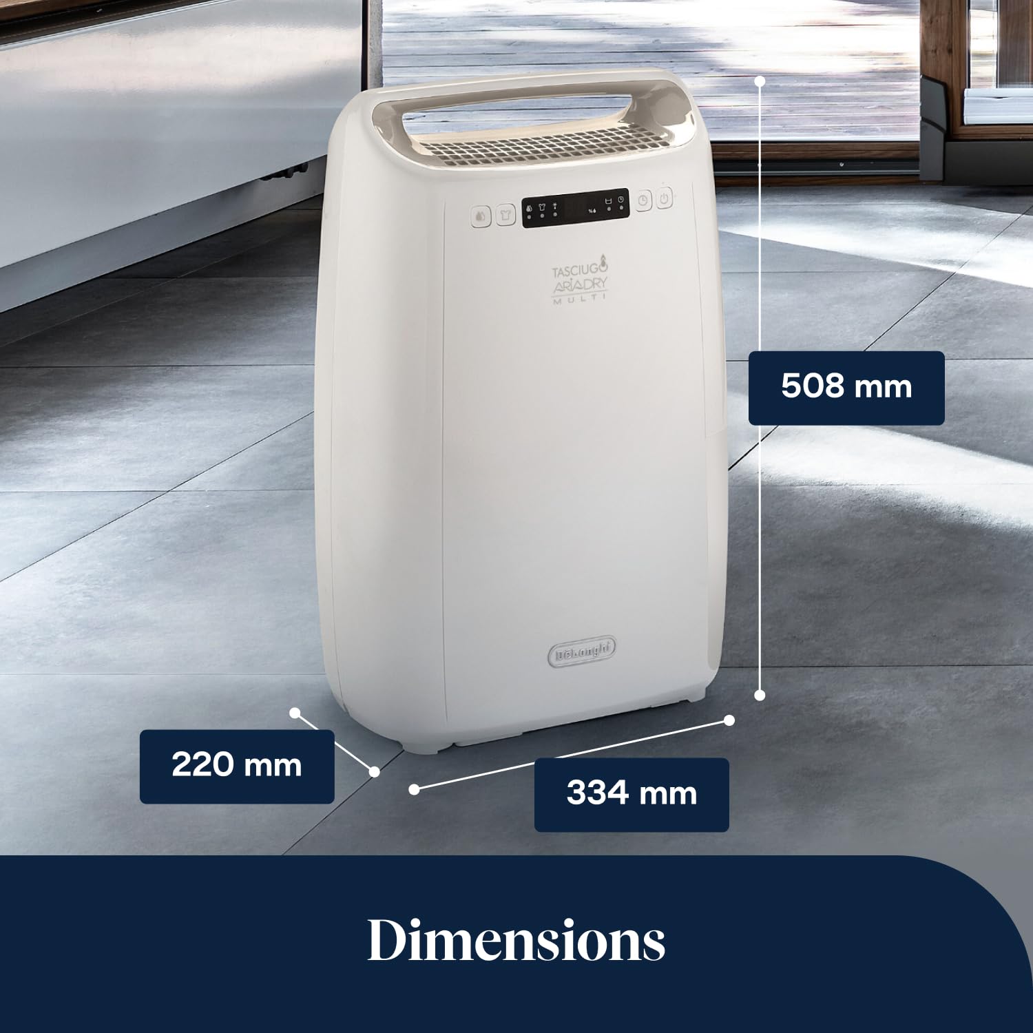 De’Longhi Tasciugo AriaDry Multi - Déshumidificateur Portable pour la Maison, Filtration à 3 Actions, Élimination de l'Humidité 14L/24h, Séchage, Anti-Moisissure, Silencieux, Blanc (DEXD214RF)