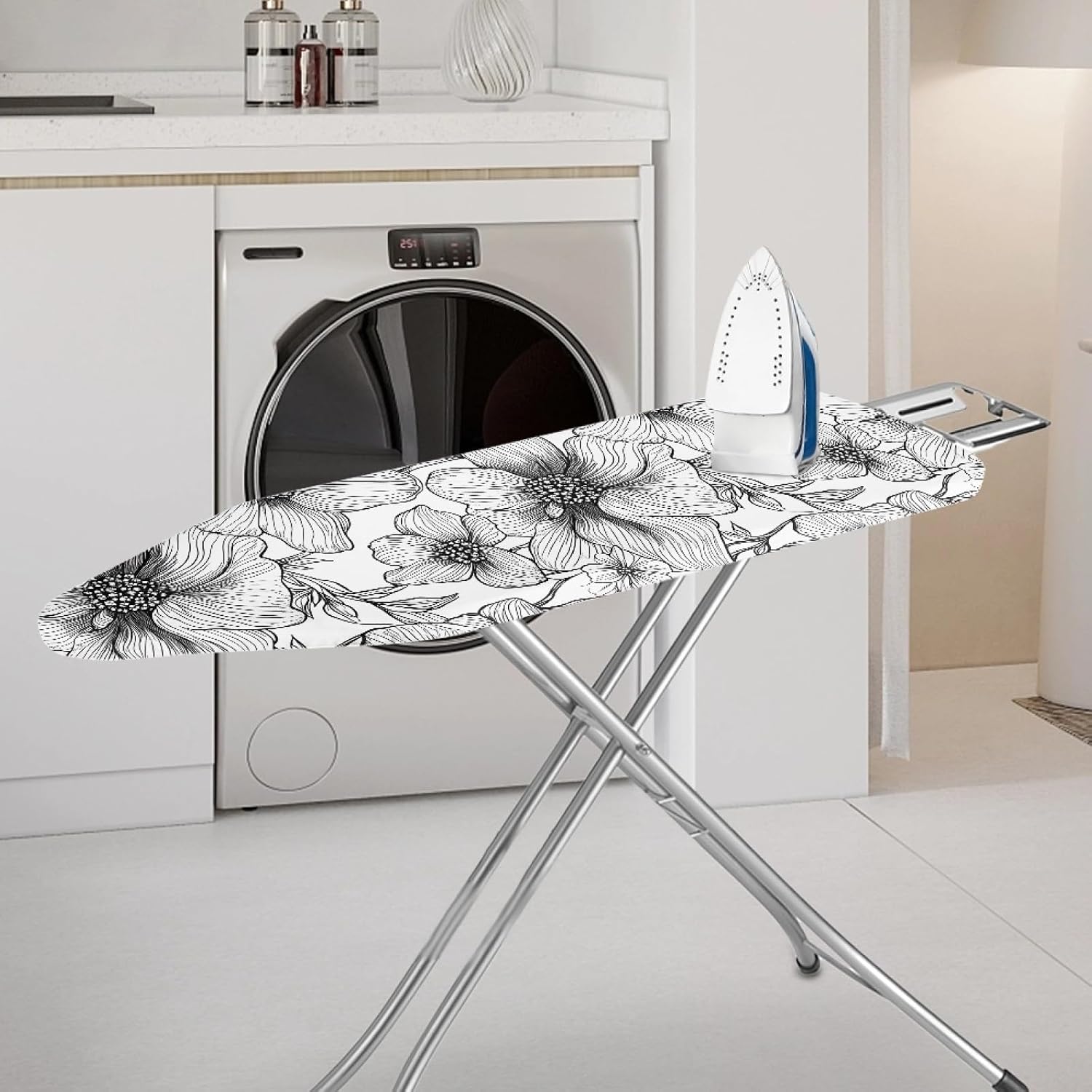 Padded Ironing Board Covers 18 X 49 Grey White Flower Ironing Board Pad and Cover Thick Replacement Drawstring Tightening & Lock, Easy Fit, Scorch & Stain Resistant, Non Slip