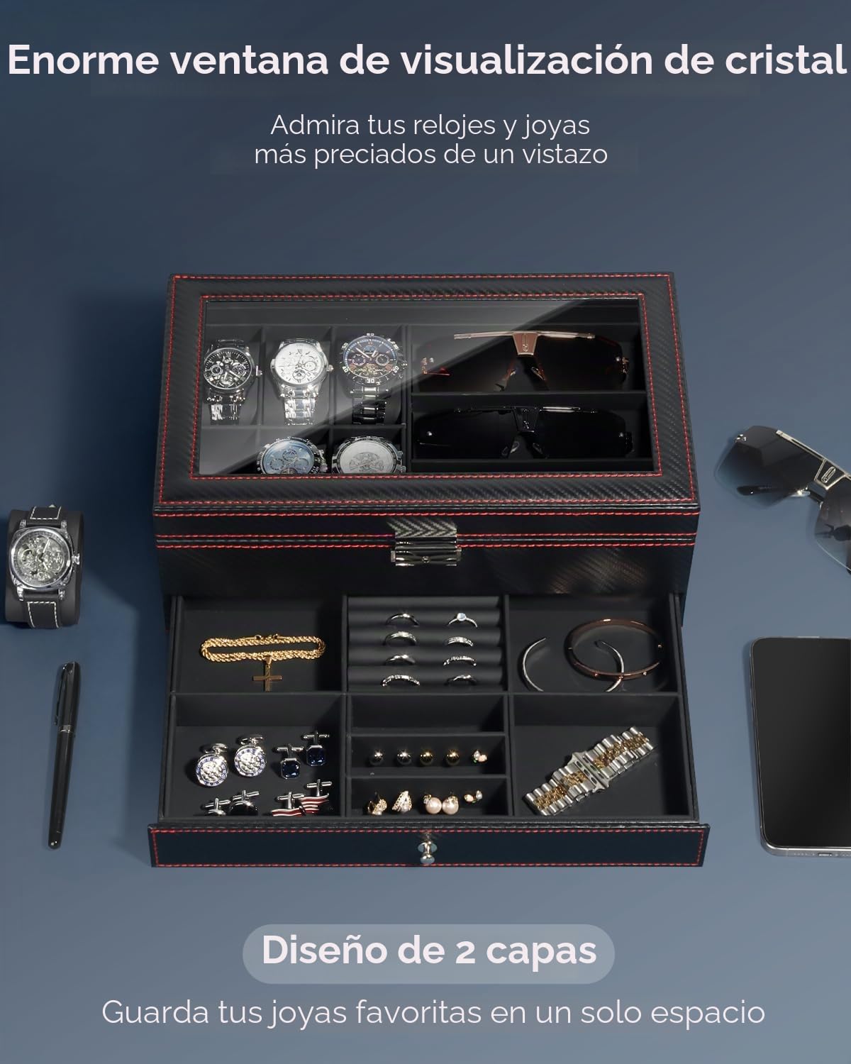 Kukikan Joyero organizador de relojes, caja de reloj y gafas de sol con tapa grande de cristal, 6 ranuras y 2 capas, joyero para hombre con cerradura, soporte para reloj, regalo para hombres y mujeres