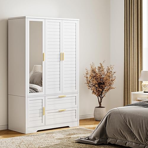 Miniatura 7 de Armario Armario con espejo – Armario de almacenamiento de ropa de madera de 71 pulgadas, Armario con puertas y 2 cajones, Armarios independientes