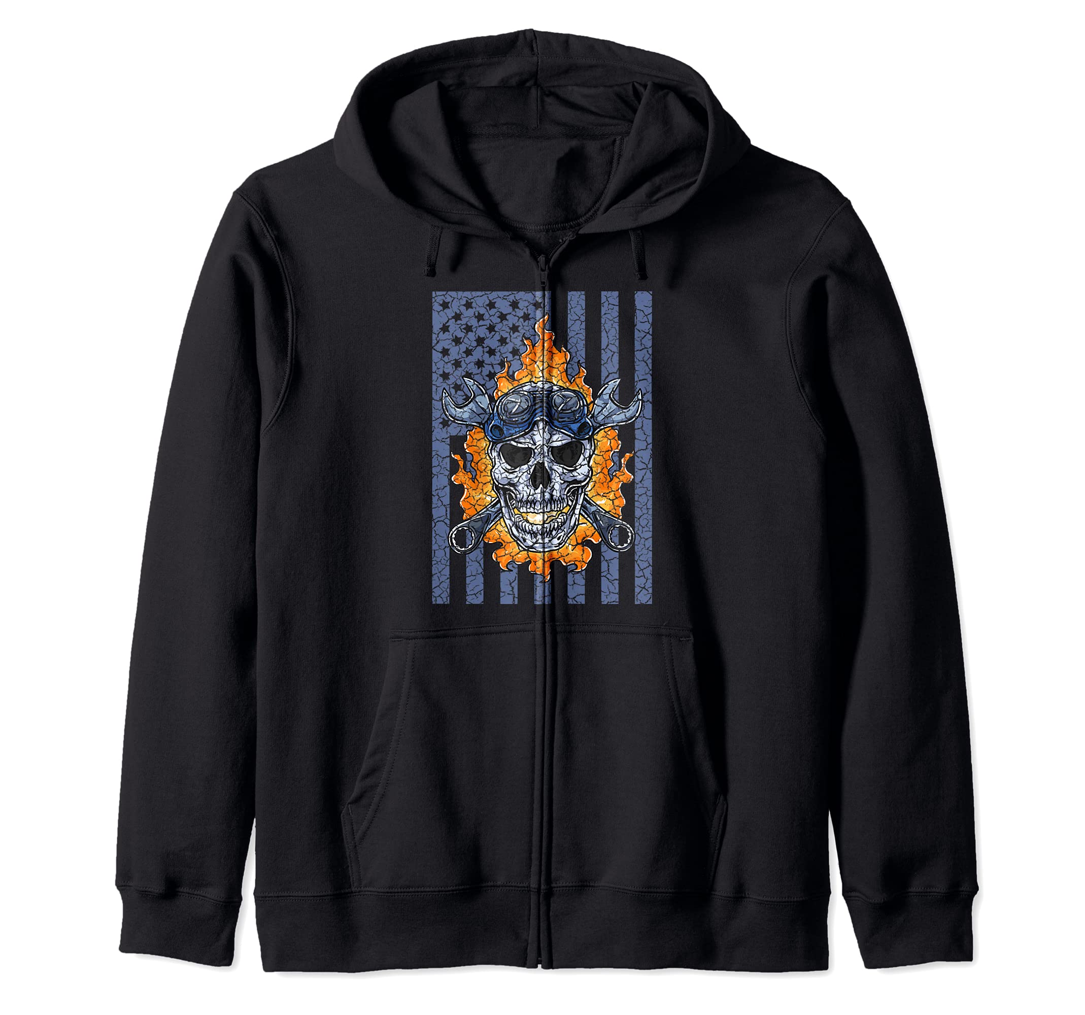 Mechanic Handyman Fire Skull American Flag Tools Wrench Zip Hoodie, Black