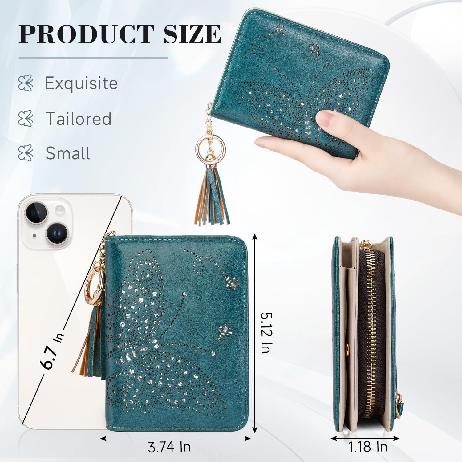 KITEVIUN Women RFID Blocking Small Bifold Wallet, Compact Cash Clutch with Zipper Coin Pocket, Glittery Butterfly Design, Credit Card Holder, Travel Purse with Tassel PEACOCK-BLUE image 3