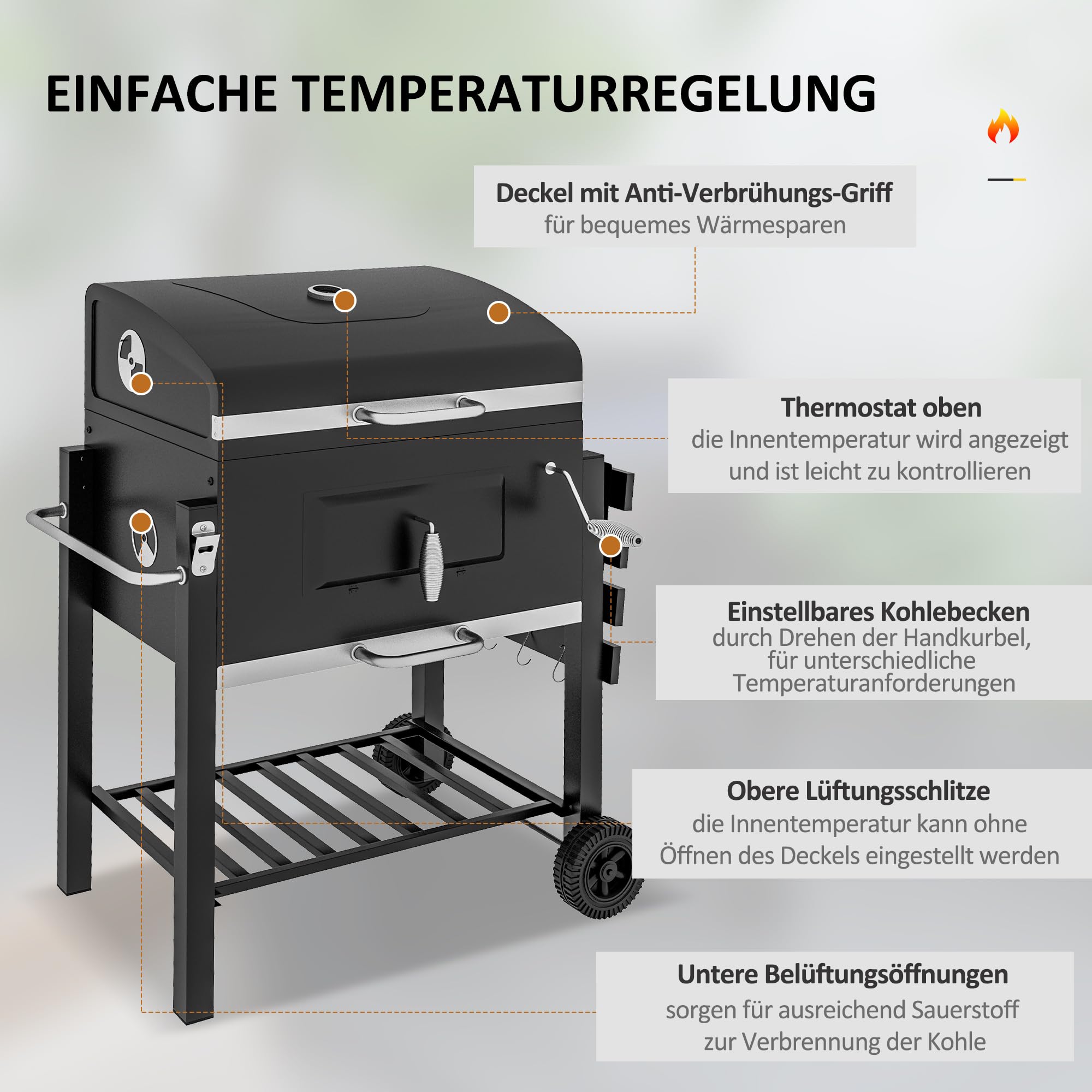 Outsunny Grill na węgiel drzewny ze stali nierdzewnej, BBQ Smoker z pokrywką, termometrem, kółkami, wanną węglową, uchwytem, półką, na wózek węglowy, grill stojący, na kemping, do ogrodu, 115 x 67 x