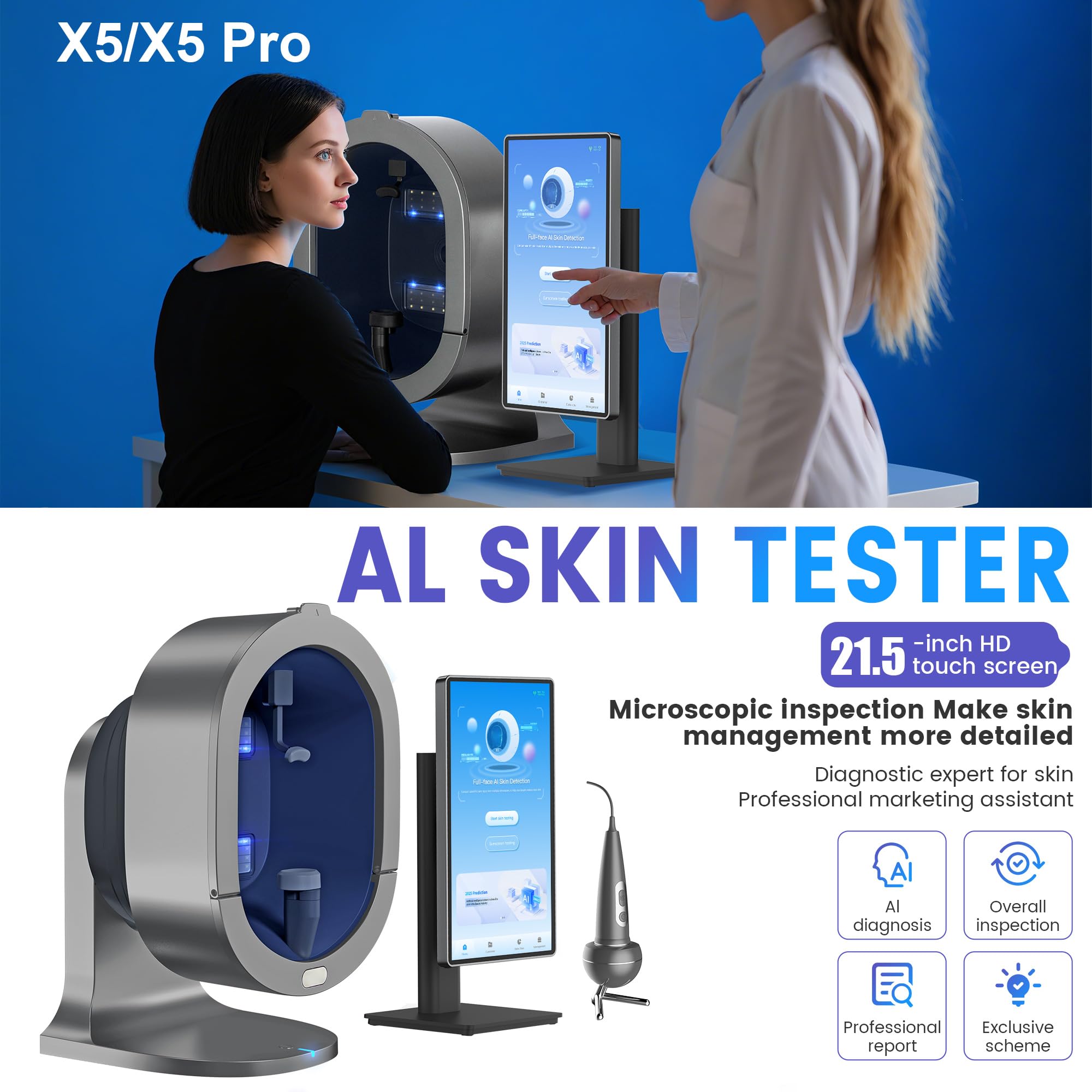 Analyseur de Peau IA X5 Pro, Appareil de Diagnostic Cuté Visage & Cuir Chevelu avec Écran Tactile HD 21.5 Pouces, Détection Multi-Spectral pour Professionnels de Beauté