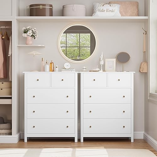 Miniatura 2 de HOUSUIT Cómoda blanca con 5 cajones, cómoda alta, cómoda de 5 cajones con espacio profundo, armario de almacenamiento de madera para sala de estar,