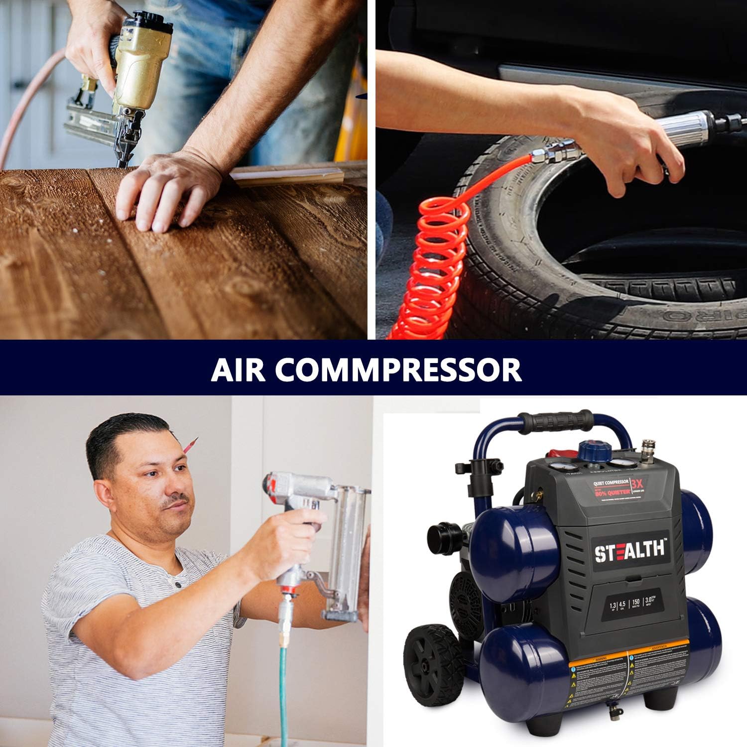 Stealth 4.5 Gallon Ultra Quiet Air Compressor,1.3 HP Oil-Free Peak 150 PSI 65 Decibel Air Compressor,4 CFM @ 40 PSI 3 CFM @ 90 PSI Silent Portable Long Life Electric Air Compressor W/Wheel for Garage