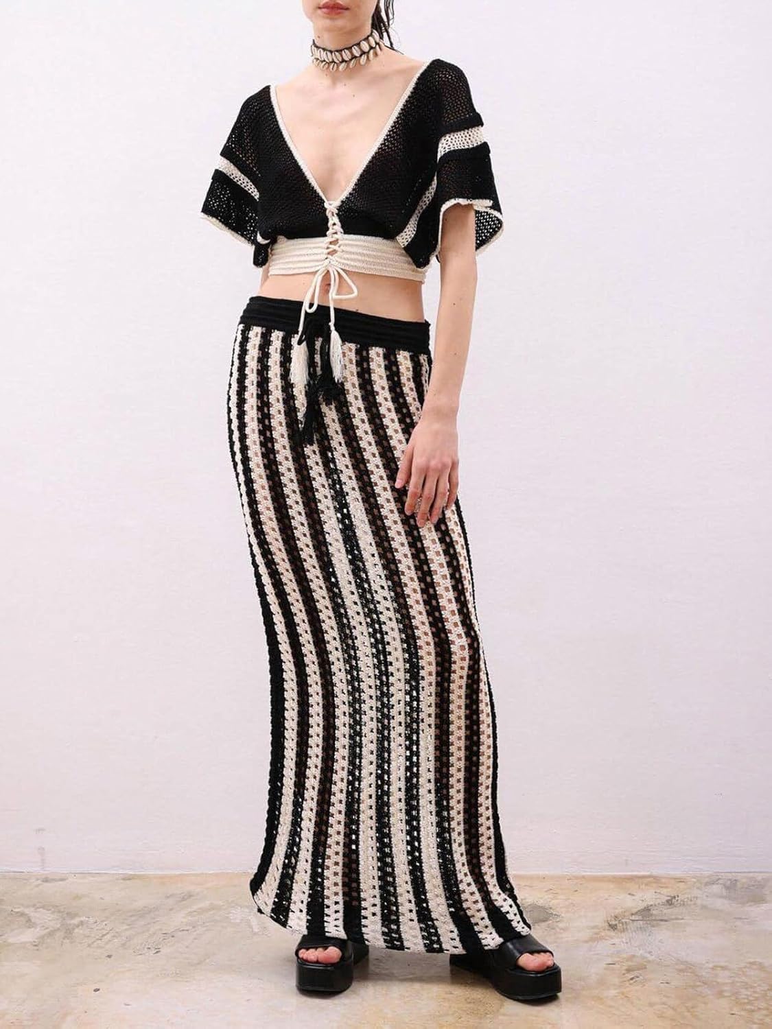 KANSOON Crochet Skirt Sets Women 2 Piece Outfits Knit Striped Hollow Out Short Sleeve V Neck Drawstring Top Maxi Skirts Set - Image 7