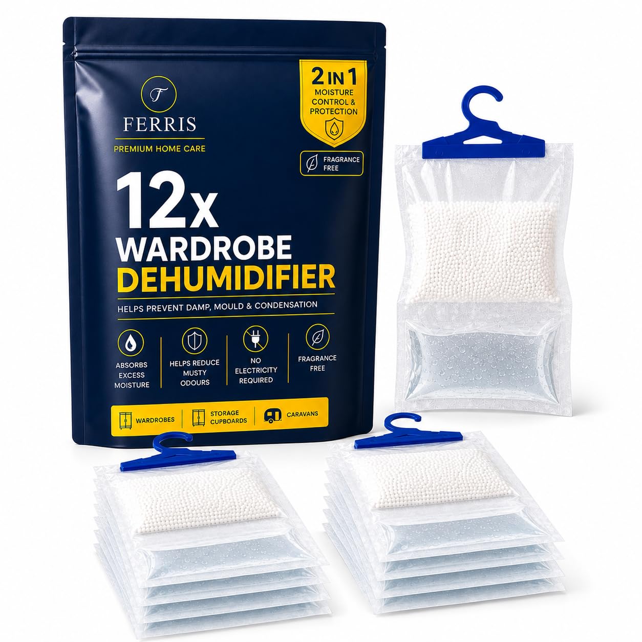 FERRIS 12 Pack Hanging Wardrobe Dehumidifiers, Moisture Absorber Bags