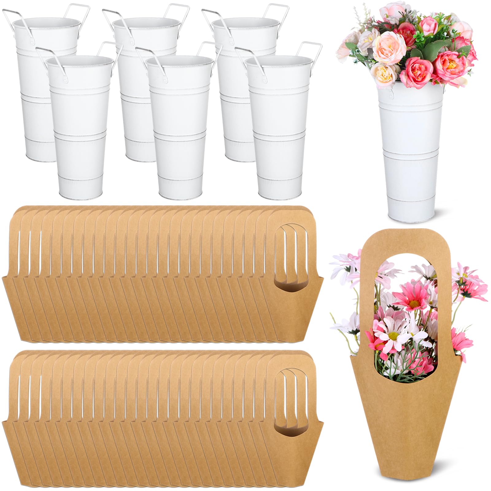 56Pcs Flower Bar Buckets Set 6 Galvanized Flower Bucket 50 Packs Kraft Paper Flowers Gift Bags with Handle Rustic Flow-er Buckets Metal Vase for Flowers Bar Home Garden Wedding Party Florist Shop