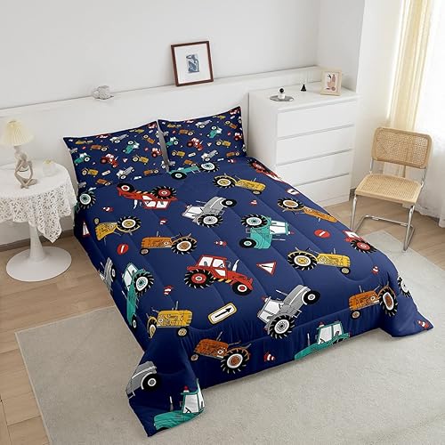 Miniatura 3 de Erosebridal Juego de edredón para niños, juego de ropa de cama de camión de dibujos animados, diseño de tractores arcoíris, color verde azulado,