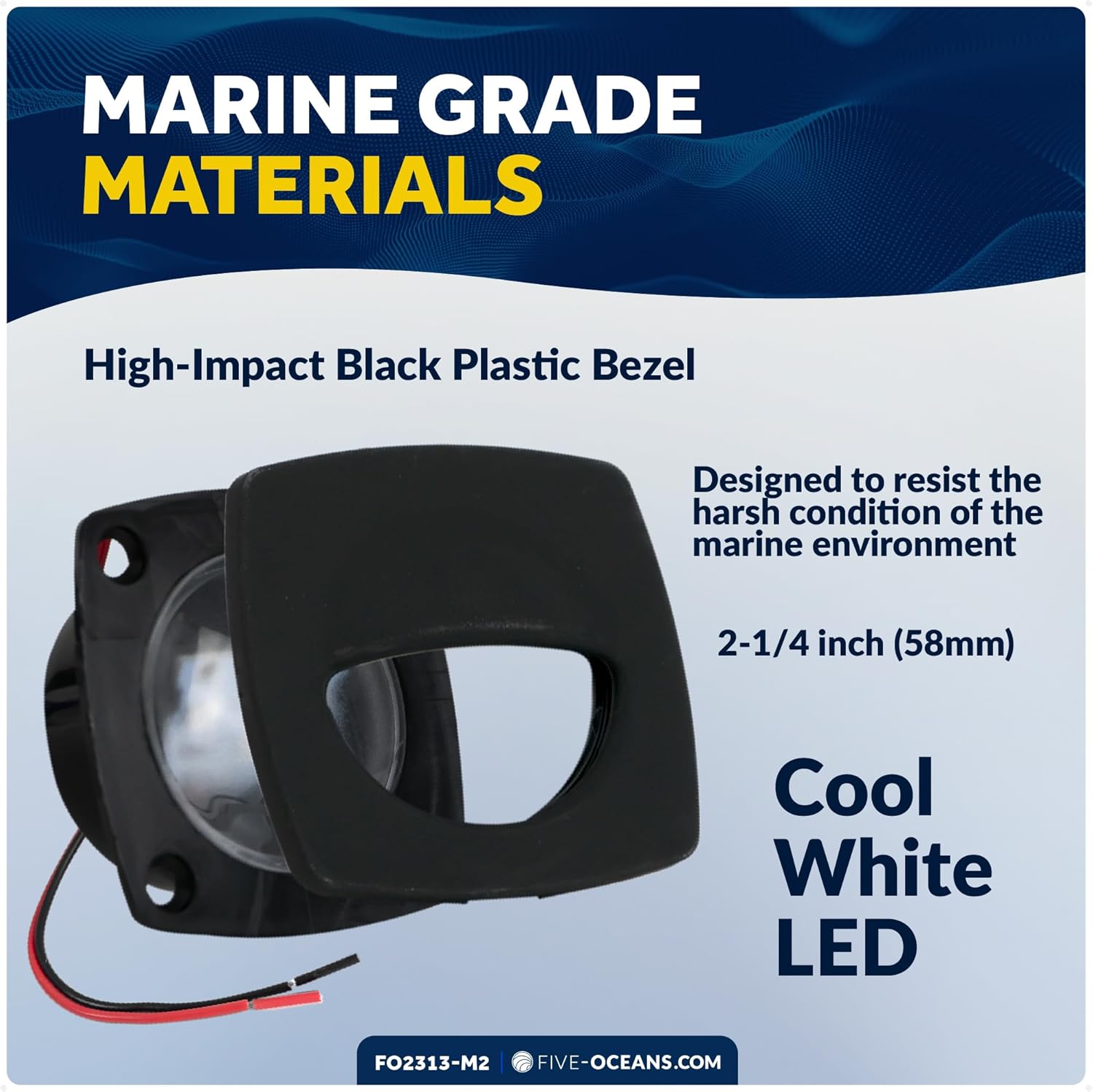 Five Oceans 2-1/4-Inch Square Companion Light, Cool White LED, Black Housing, 2-Pack Marine Courtesy Lights for Interior, Deck, Cockpit, Pontoon, Bass Boat, Yacht, Sailboat, RVs, Caravan - FO2313-M2