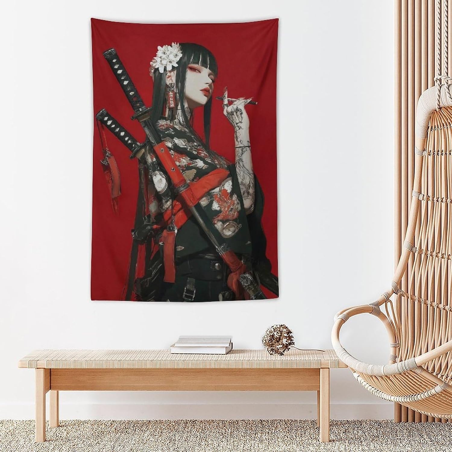 MFOOYYI Girl with Samurai Swords And Tattoo Tapestry Wall Decor Large Wall Art Backdrop Flag Hanging for Bedroom Living Room Dorm Office 40"×60"