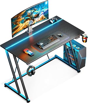MOTPK 39 Inch Small Gaming Desk with LED Light, Computer Desk for Small Space, Gaming Table with Carbon Fiber Texture, Kids PC Desk Gift for Boys Men, Black