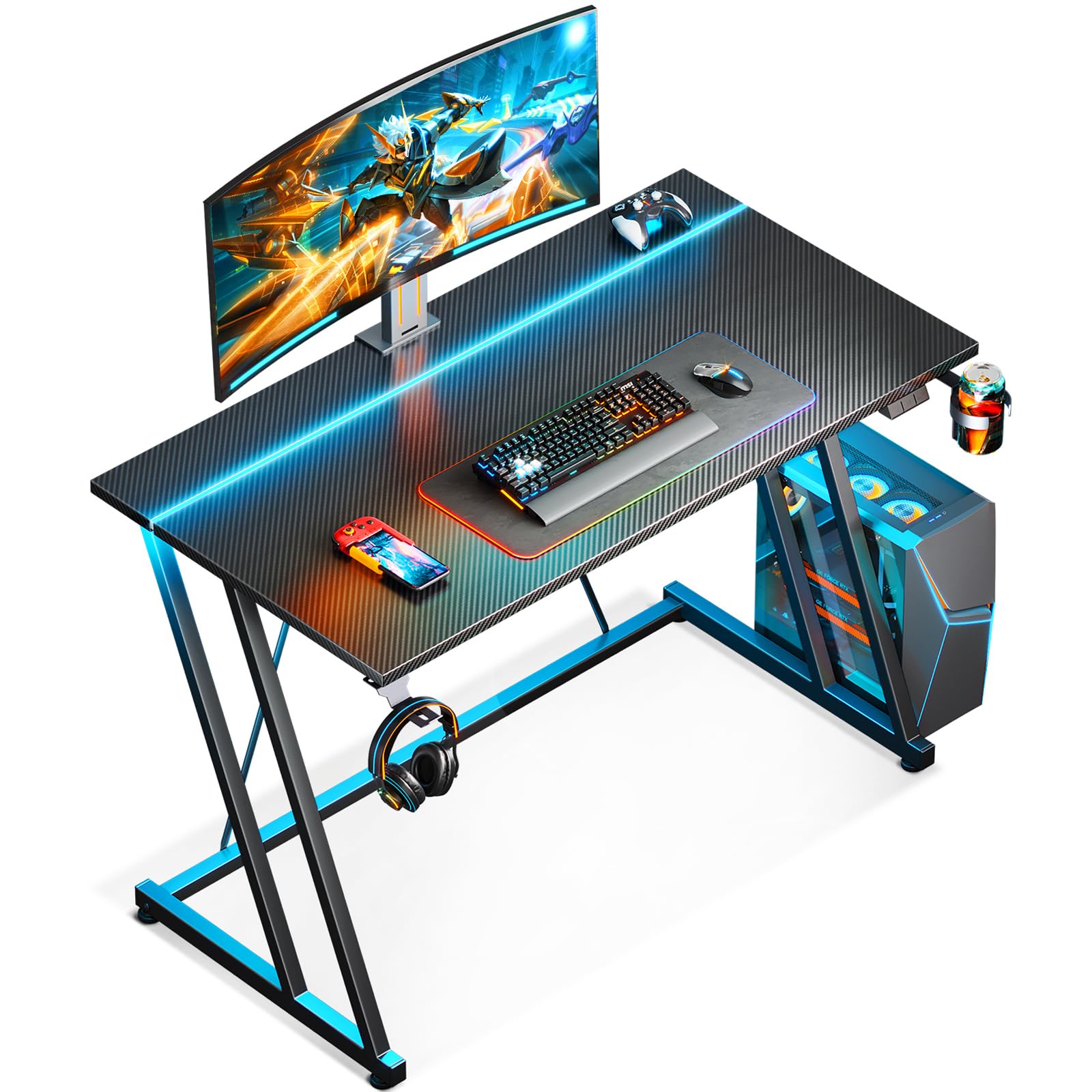 MOTPK 39 Inch Small Gaming Desk with LED Lights & Power Outlet, Computer Desk for Small Space, Gaming Table with Carbon Fiber Texture, Kids Desk Gift for Boys Men, Black