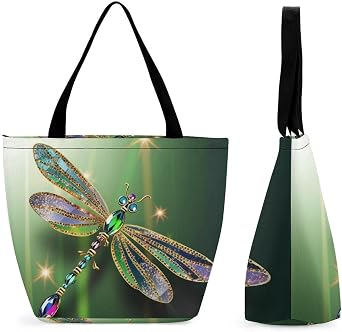 Jewel Dragonfly Tote Bag Shoulder Shopping Bag Reusable Grocery Bag for Travel Work Friendship Gift