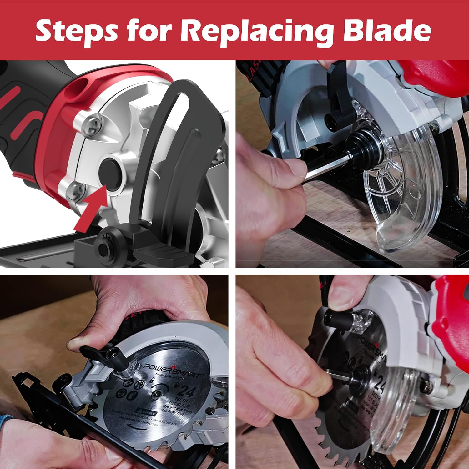 Four-step visual guide for replacing the blade on the PowerSmart Mini Circular Saw