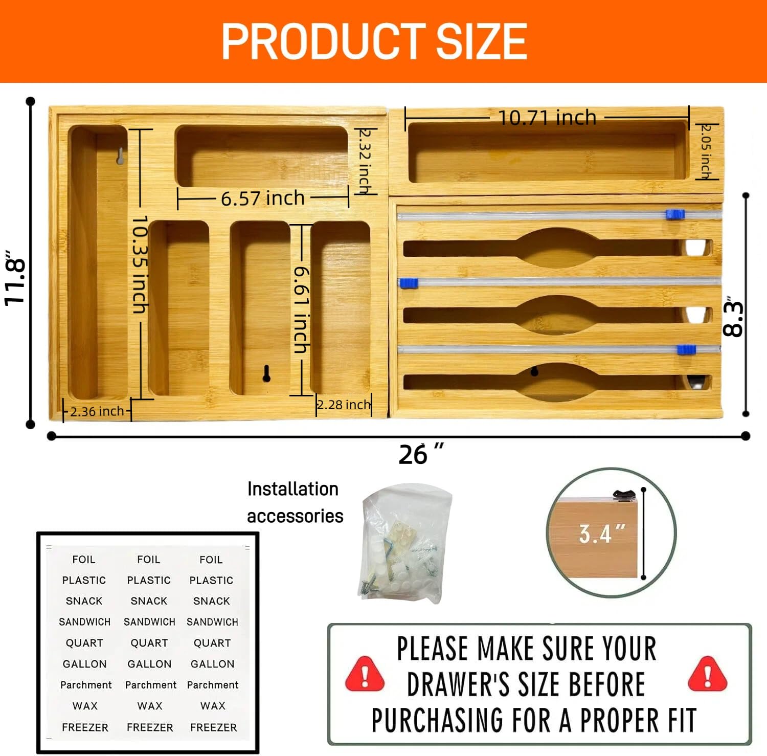 Bambus-Folien- und Frischhaltefolien-Organizer mit Schneider, Ziplock-Beutel-Organizer mit Schneider für Küchenschublade, Spender kompatibel mit Gallonen-, Quart-, Sandwich-, Snack-Beuteln in