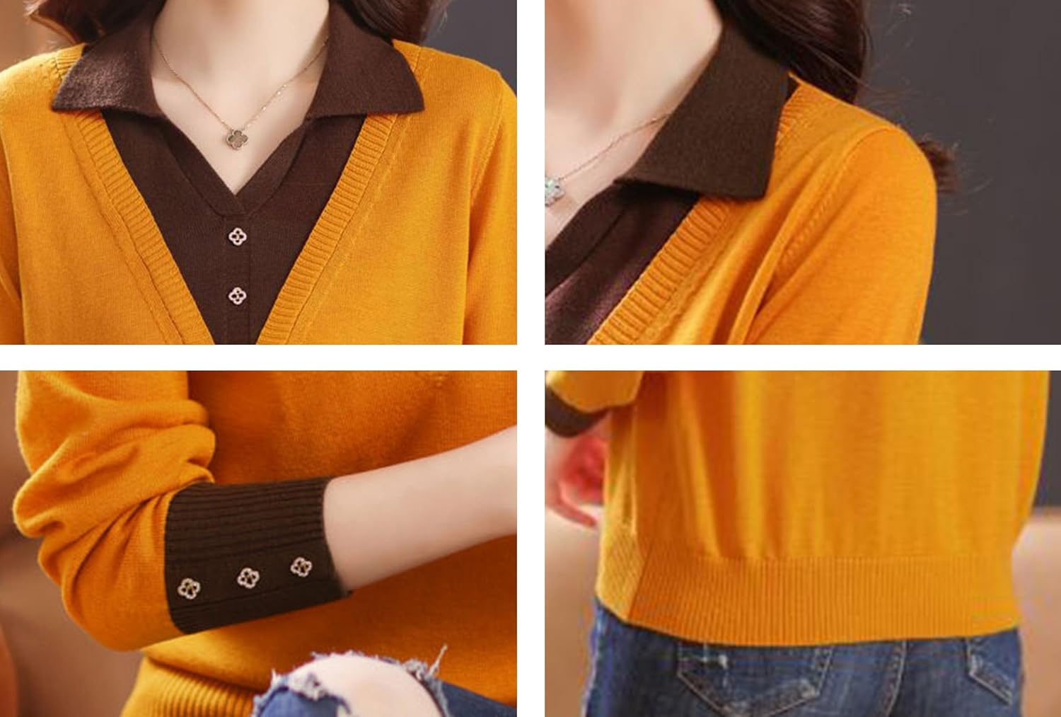 LAI MENG FIVE CATS Women's Casual V-Neck Knit 2 in 1 Pullover Shirt Long Sleeve Blouse Top - Image 6