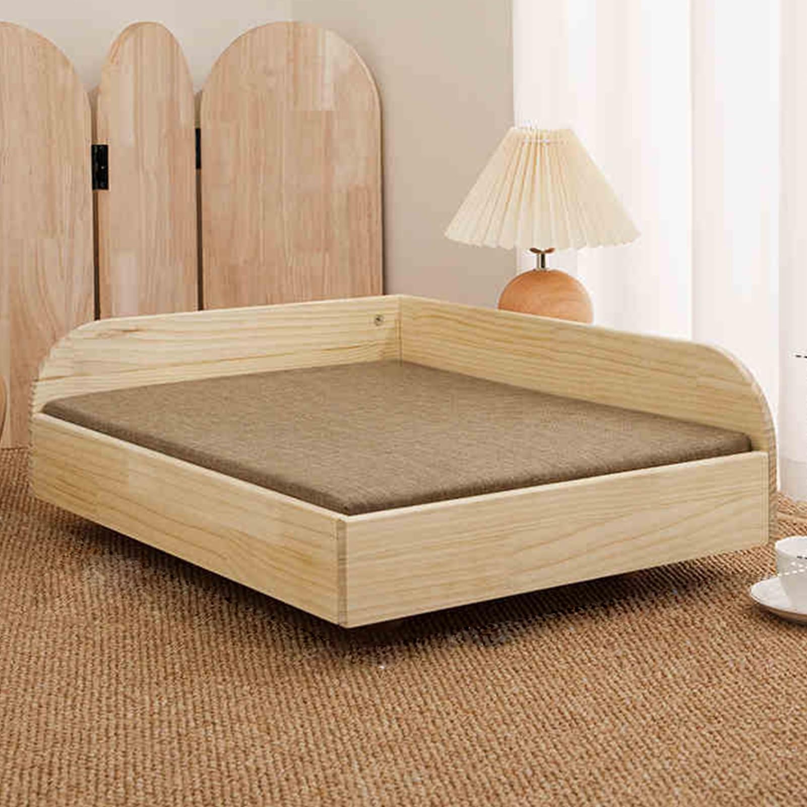 Lit surélevé en bois pour chien et chat avec matelas déhoussable marron