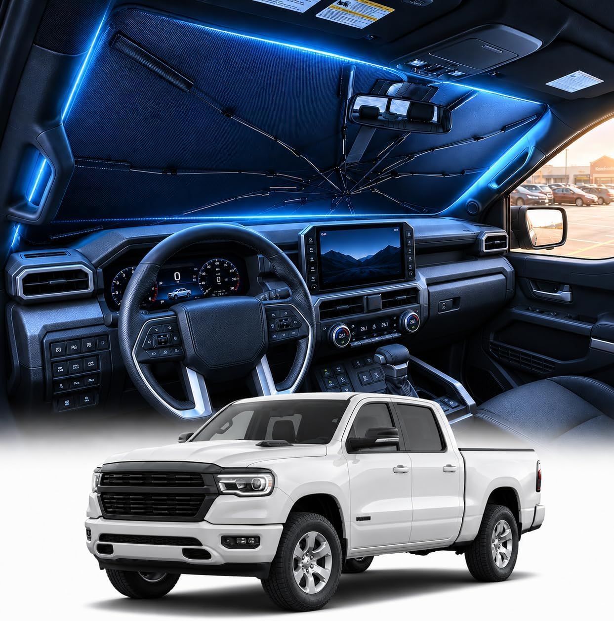 [2026 Upgraded] DooGooCoo Windshield Sun Shade Umbrella for Dodge RAM 1500 2500 3500 2019-2025 2026 [100% Sunlight Blocked, Cooling Ice Crystal] Sunshade for Car Windshield for RAM Sun Shade.