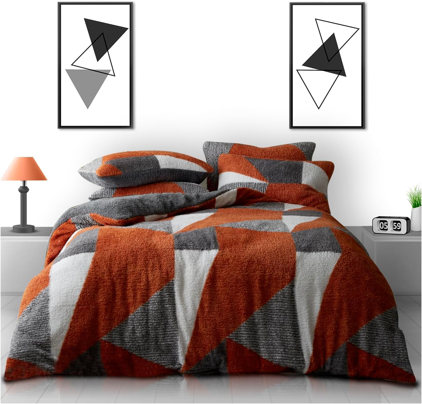 GC GAVENO CAVAILIA Teddy Duvet Cover Double - Fluffy Fleece Bedding Set - 100% Polyester Warm Cosy Duvet Cover Set - Rust/Charcoal