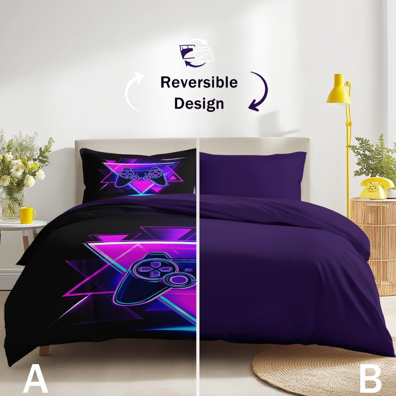 Videogioco Gaming Copripiumino Futuristico Gamepad Neon Geometrico Set da Letto 240 x 220 cm Nero Copripiumino per Ragazzi Ragazze Adolescenti Camera Decorazione con 2 Federe