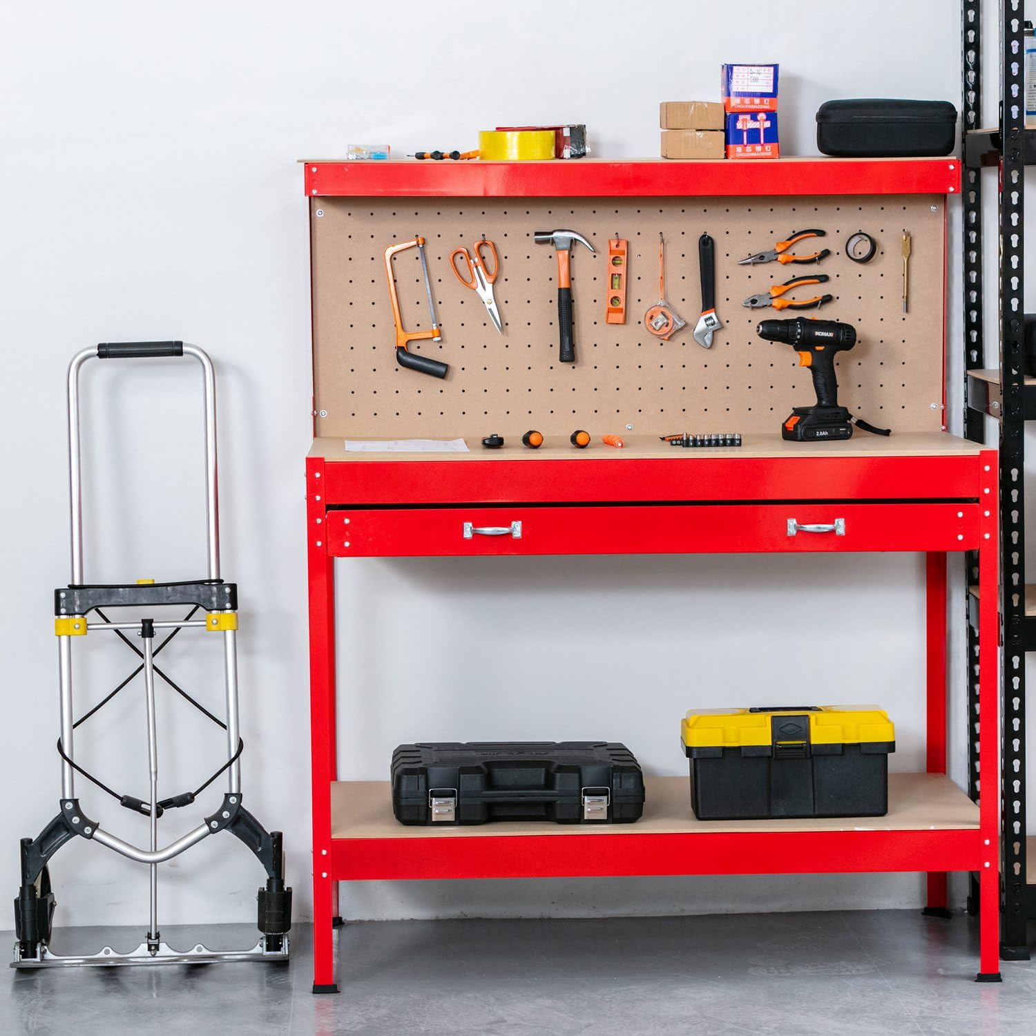 Foxhunter – Pannello forato per attrezzi lavoro banco da lavoro con attrezzi da garage in acciaio rosso con cassetti e ripiano per 12 pioli DIY workshop station