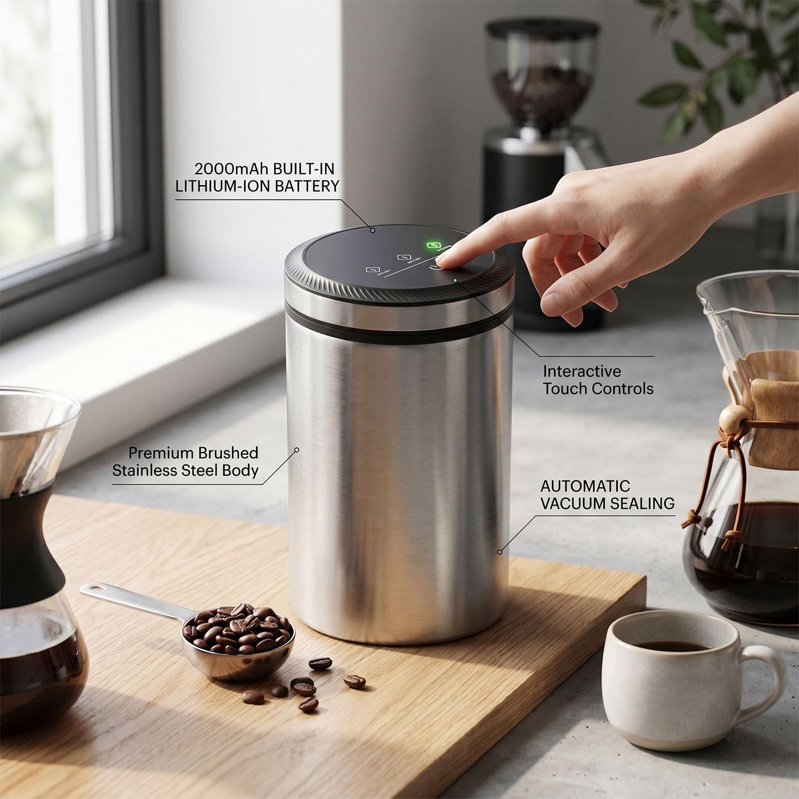 Vakuum‑Kaffeedose mit Digitaldisplay Automatische Vakuum‑Zeiteinstellungen Lebensmittel‑Vakuumdose mit Edelstahl zum Aufbewahren von Kaffeebohnen Getreide Früchten Nüssen