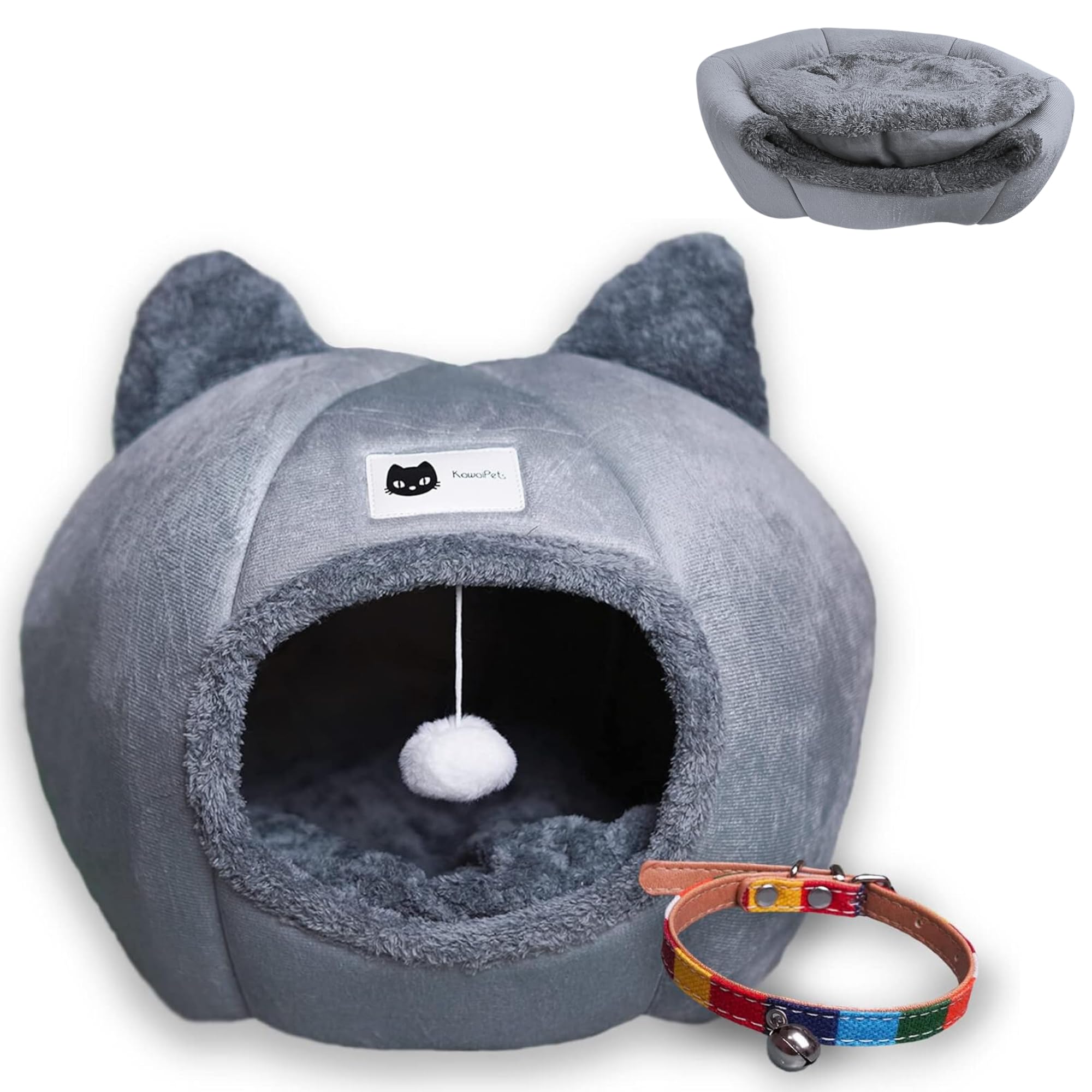 Cama Gato - Cama para Gatos - Cama Perro Pequeño - Casa para Gatos - Cama Gatos con Cojín Interior Desmontable, Lavable, Bola Colgante Juguete, con Collar Multicolor de Regalo