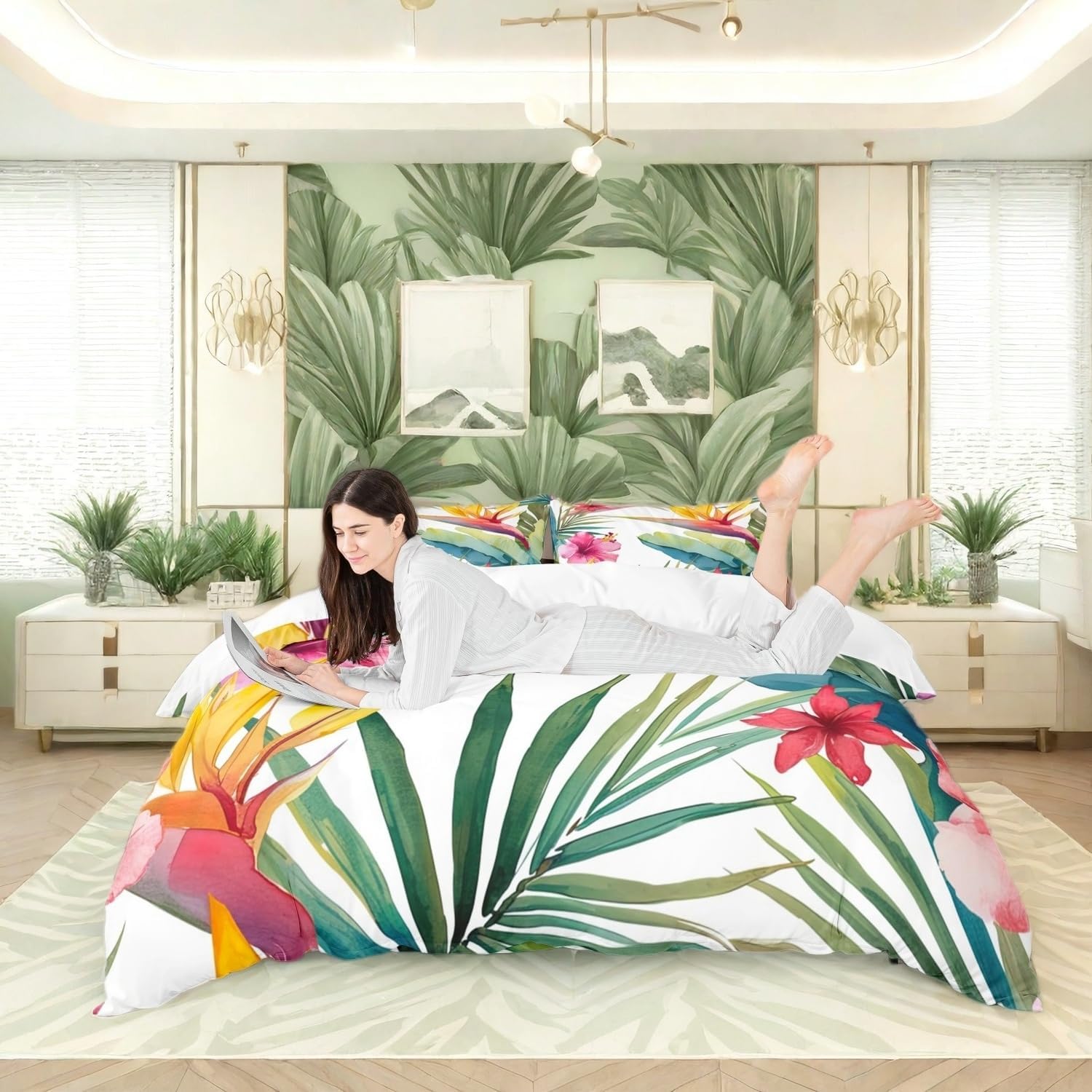Tropical Tree Plant Duvet Cover Set King Size with Zipper Closure, Watercolor Red Hibiscus Flower Pattern Printed Comforter Cover,Palm Leaves Bedding Sets with 2 Pillow Cases,Soft,Green Pink