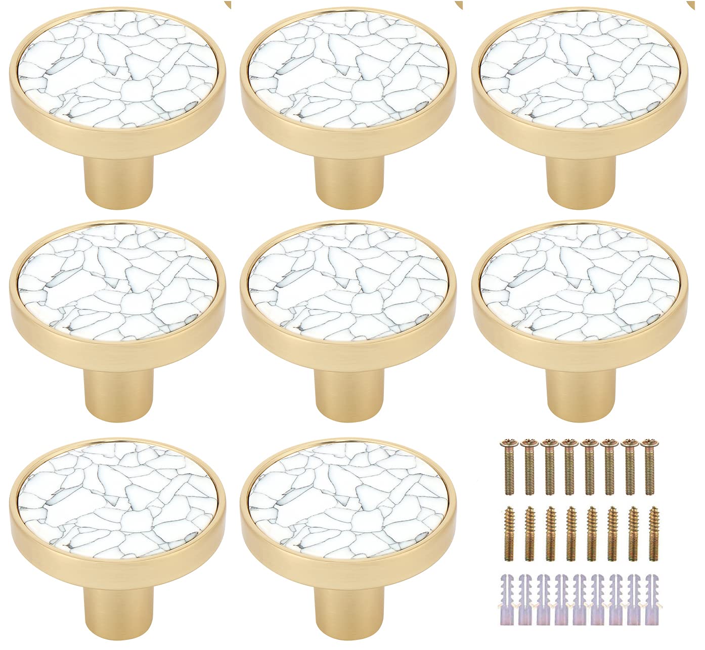 Pomelli Per Mobili In Marmo E Ottone - 8 Pezzi Con Manico Circolare Bianco, Stile Decorativo - Foto 8