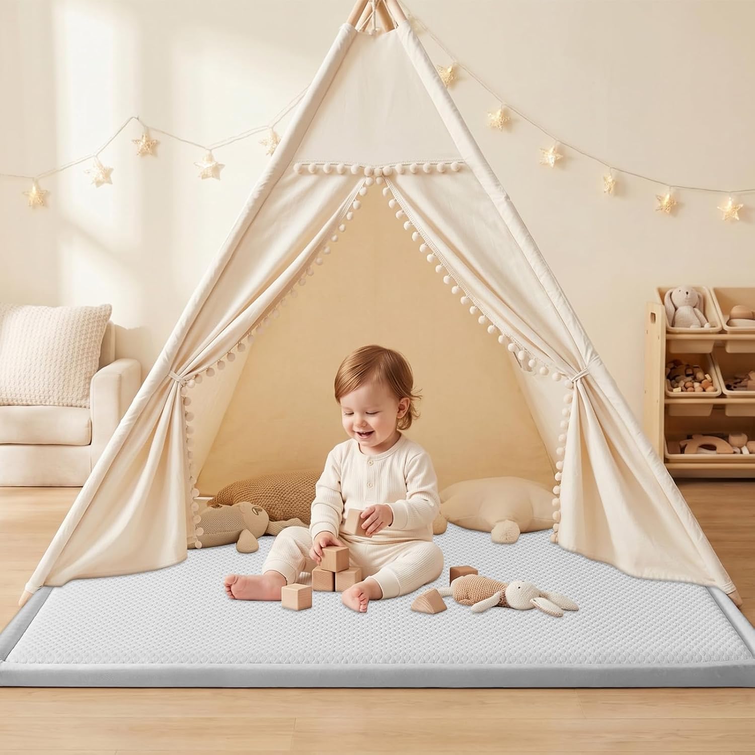 Baby Play Mat for Floor Nursery Rug Muscle Area Playroom Rug Memory Foam 59x79 Playmat Elastic Foam 1.3" Thick Crawling Mat for Babies,Toddlers, Infants, Kids(Ripple Light Grey)